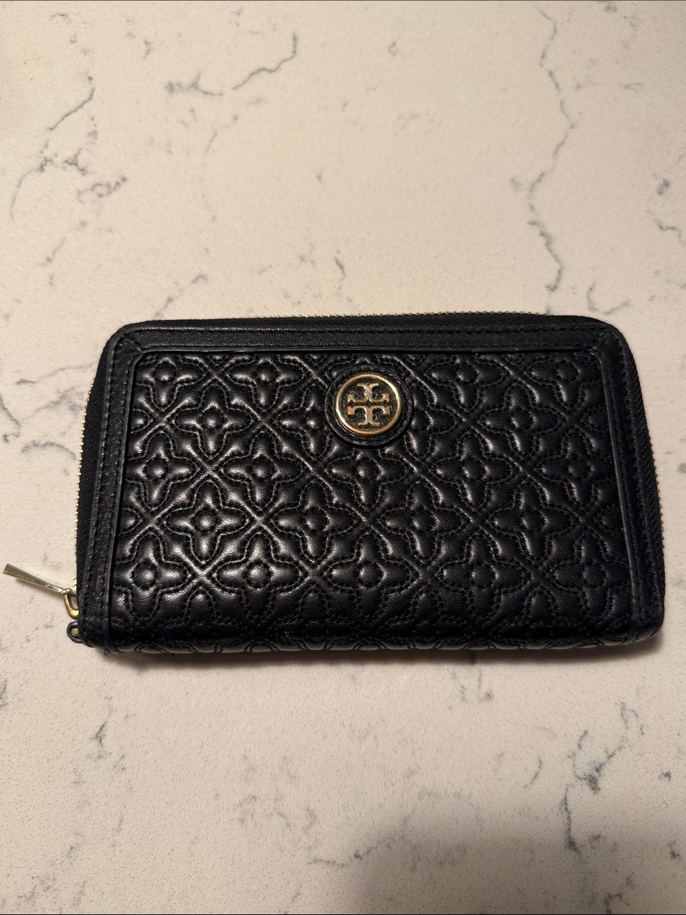 Tory Burch Black Quilted Leather Zip-Around Wallet with Gold Logo